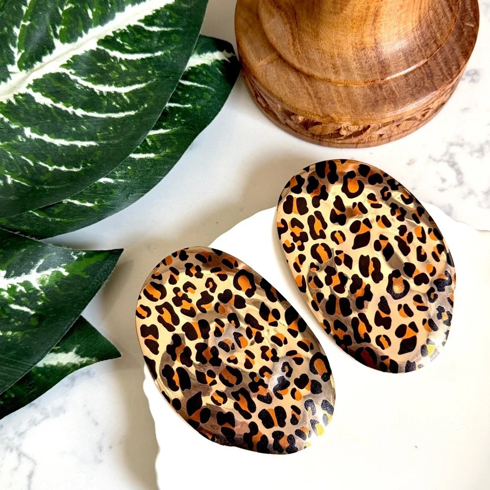 2/$30🌵 Animal Print Cheetah Leopard Jumbo Oval Gold Tone Earrings Boho Gift NEW